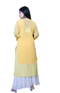 Zeeba Hand Embroidered Gala Booti Work Round Neck Chiffon Lucknowi Chikan Kurti (X-Large, Light Yellow)-thumb1