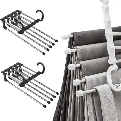 QVARKY Multifunctional Pants Racks for Hanging Pants, 5 in 1 Adjustable Pant Rack Towel Shelves Closet Organizer Stainless Steel Wardrobe Magic Trouser Hangers Space Saving (Black) Pack of 2