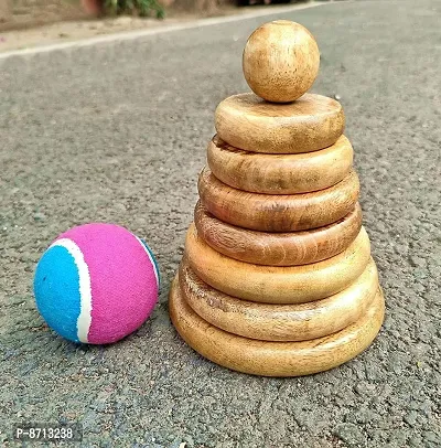 Seven Stone Lagori Pitthu Wooden Game Set with Ball for Kids/Adults, Light-Weight Handmade Wooden Traditional Indian Stacking Game- satoliya/nargolio Outdoor/Indoor Sports