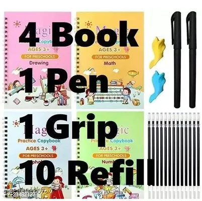 Magic Practice Copy Book for Pre-School Kids, Re-Usable Drawing, Alphabet,  Numbers and Math Exercise , English Magic Book for Children (4 book +10  rifil +1 pen + 1 gripholder