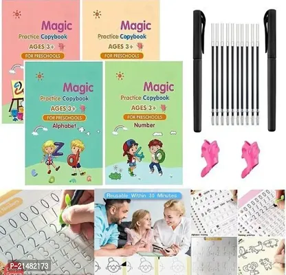 Magic Practice Copybook, (4 Book + 10 Refill+1 pen+1 grip ) Number Book for Preschoolers with Pen, Magic Calligraphy Copybook Set Reusable Writing Tool Simply Hand Lettering Stationery Book
