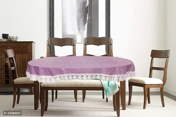 Stylista Plastic Pin Check Pattern Oval Shaped 4 Seater Dining Table Cover with White Border Lace (Violet, 54x78 inches, Pack of 1)-thumb2