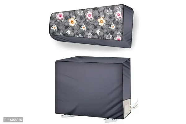 Stylista split ac cover set of indoor and outdoor unit Compatible for 1.5 Ton LG PS-Q18TNVE Floral Pattern Grey-thumb0