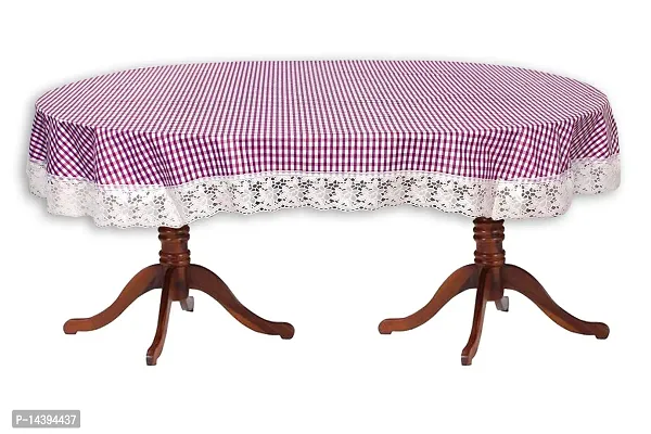 Stylista Plastic Pin Check Pattern Oval Shaped 4 Seater Dining Table Cover with White Border Lace (Violet, 54x78 inches, Pack of 1)-thumb5