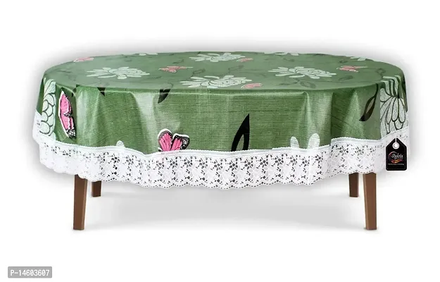 Stylista Waterproof 8 Seater Oval Dining Table Cover WxL 60x108 Inches with White Border lace Petals Pattern Green-thumb0