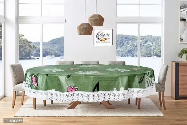 Stylista Waterproof 8 Seater Oval Dining Table Cover WxL 60x108 Inches with White Border lace Petals Pattern Green-thumb2