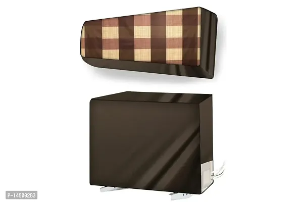 Stylista split ac cover set of indoor and outdoor unit Compatible for 0.8 Ton MTSB MS-JP Gingham Pattern Beige-thumb0