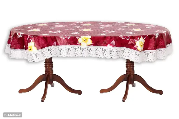 Stylista Waterproof 6 Seater Oval Dining Table Cover WxL 60x90 Inches with White Border lace Floral Pattern Red-thumb5