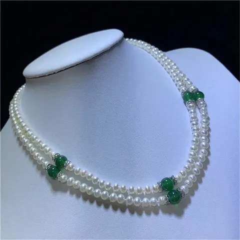 Pearl and Jade Necklace, White Oval Freshwater Pearl and Jade Ball Necklace Double Layer Necklace