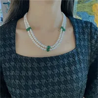 Pearl and Jade Necklace, White Oval Freshwater Pearl and Jade Ball Necklace Double Layer Necklace-thumb1