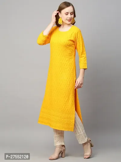 Stylish Straight Yellow Embroidered Cotton Rayon Kurta For Women