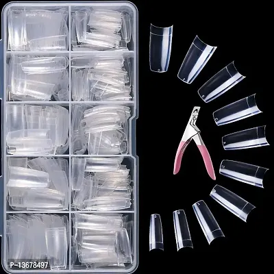 Belicia 100 pcs Acrylic Clear Full Cover Fake Nail Tips and Nail Cutter, Artificial False Nail Tips, Shaped, 10 kinds of Sizes, 10 Pcs per Size