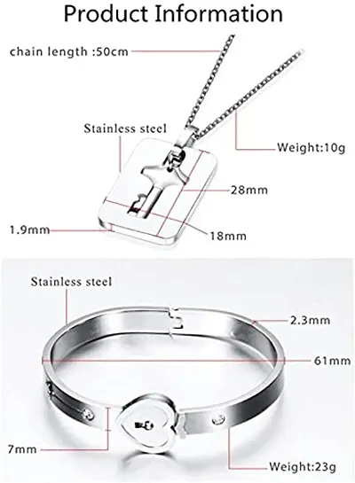 Lock Bracelet and Key Necklace Set for Couples Jewelry - Stainless Steel  Heart Bangle for Men and Women