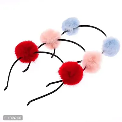BELICIA Pom Pom Ball Multicolour Fabric Hair Hoop Cat Ear Headband for Girls (Colour May Vary) -3 Pieces