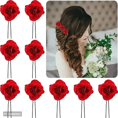 BELICIA 12 Pieces Rose Flower Hair Clips Flower Hairpin Brooch Bridal Hair Pins Fabric Bridesmaids Head Bobby Pins for Women Girls Wedding Hair Accessory(Red)-thumb0
