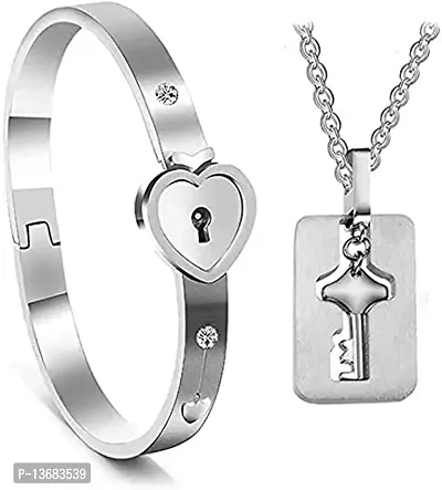 BELICIA Lock and Key Bracelet and Necklace Set, His Hers Matching Set Plated Titanium Love Lock Set Couple Heart Bangle Bracelet Lock Key Pendants