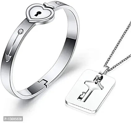 BELICIA His Hers Love Heart Key Lock Bangle Bracelet Tag Pendat Necklace Set in a Gift Box