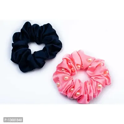 BELICIA Set of 2 Satin Scrunchies with Pearls - Rubber Band