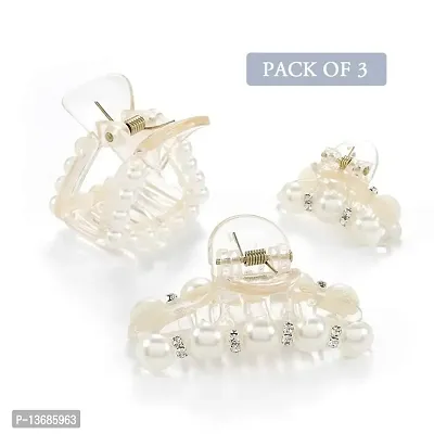 BELICIA ?Pearl Hair Clips White Hair Claw Clamps Crystal Hair Claw Clip Non Slip Clips Styling Hair Accessories for Women and Girls (Pack of 3)-thumb2