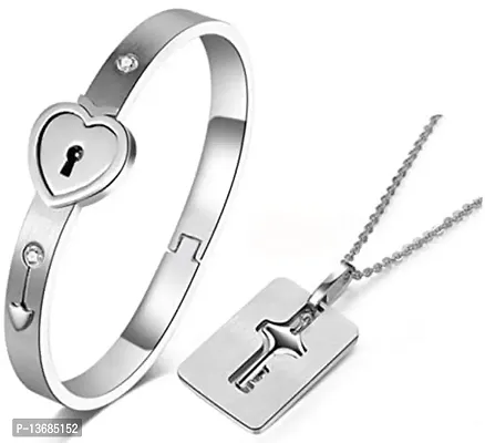 BELICIA Girl's Stainless Steel for Couples Love Heart Lock Bangle with Key Pendants Necklace (Silver)