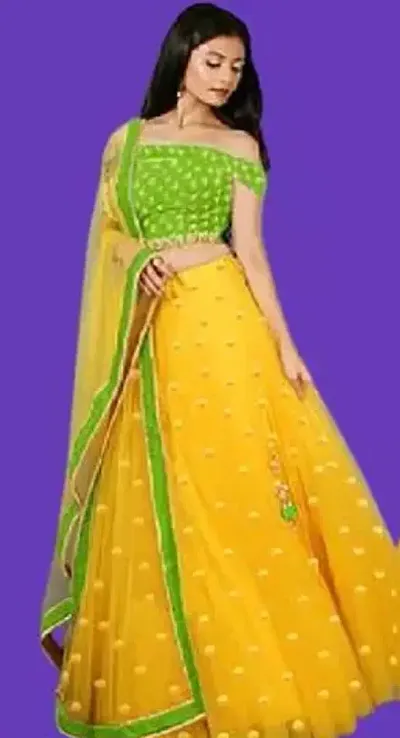 EMZO Women's Satin Solid Off Shoulder Semi-Stitched Lehenga, Choli Dupatta Set - Size : Free Size [EMZ-1012-Yellow Orange]