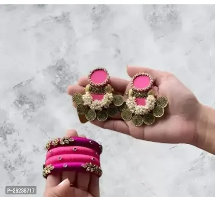 Stylish Pink Colour Fabric Jhumka Earrings And Bangles Set-thumb0