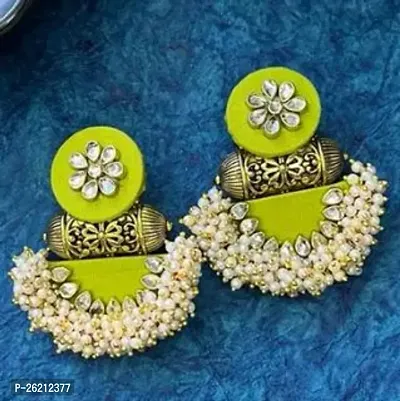 Contemporary Green Fabric Kundan And Beads Earings-thumb0