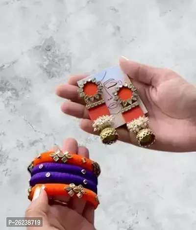 Stylish Orange And Purple Colour Fabric Earrings And Bangles Set-thumb0