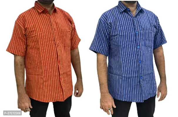 Trendy Multicoloured Cotton Blend Short Sleeves Regular Fit Striped Casual Shirt For Men Pack Of 2