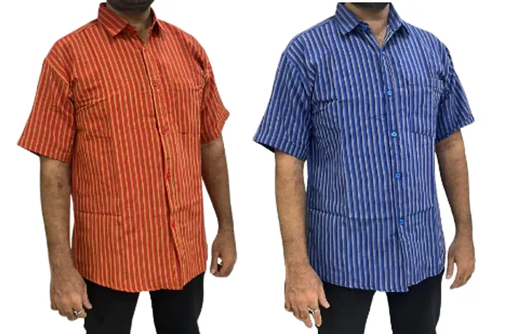 Trendy Blend Short Sleeves Regular Fit Striped Casual Shirt For Men Pack Of 2