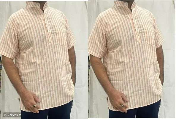 Trendy Orange Cotton Blend Short Sleeves Regular Fit Striped Casual Shirt For Men Pack Of 2-thumb0