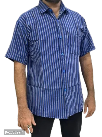 Trendy Blue Cotton Blend Short Sleeves Regular Fit Striped Casual Shirt For Men-thumb0