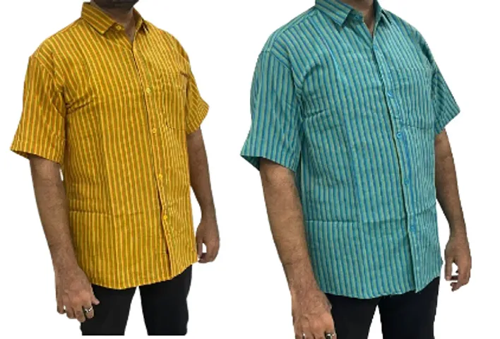 Trendy Blend Short Sleeves Regular Fit Striped Casual Shirt For Men Pack Of 2