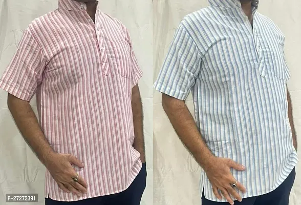 Trendy Multicoloured Cotton Blend Short Sleeves Regular Fit Striped Casual Shirt For Men Pack Of 2