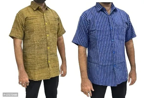 Trendy Multicoloured Cotton Blend Short Sleeves Regular Fit Striped Casual Shirt For Men Pack Of 2-thumb0