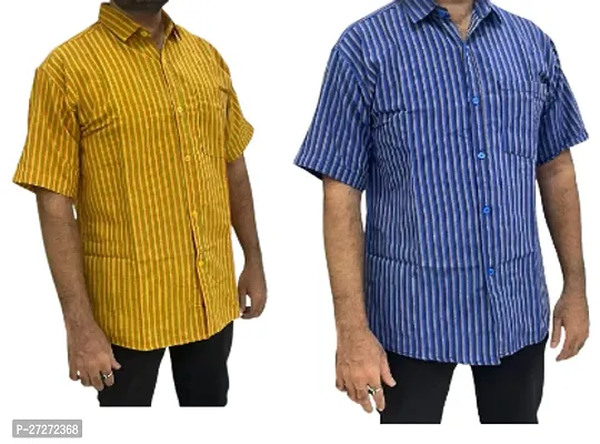 Trendy Multicoloured Cotton Blend Short Sleeves Regular Fit Striped Casual Shirt For Men Pack Of 2