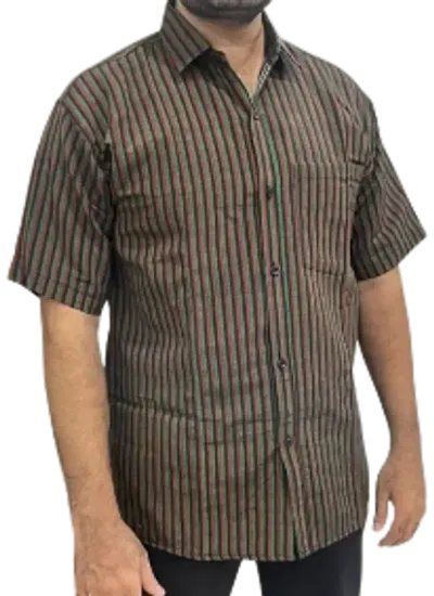 Trendy Cotton Blend Short Sleeves Regular Fit Striped Casual Shirt For Men
