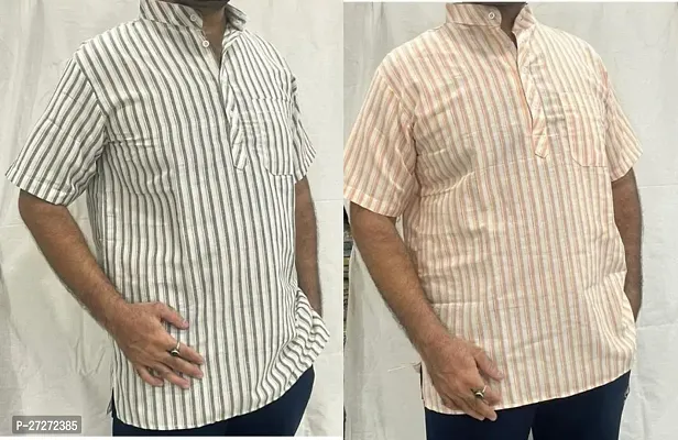 Trendy Multicoloured Cotton Blend Short Sleeves Regular Fit Striped Casual Shirt For Men Pack Of 2-thumb0