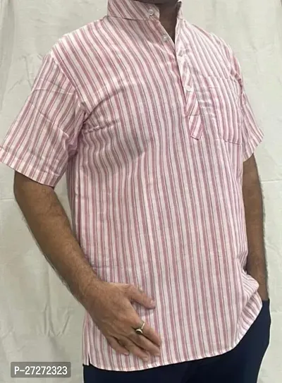 Trendy Pink Cotton Blend Short Sleeves Regular Fit Striped Casual Shirt For Men
