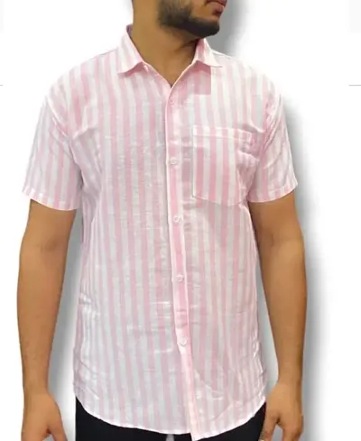 Trendy Blend Short Sleeves Striped Casual Shirt For Men