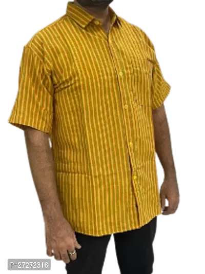 Trendy Yellow Cotton Blend Short Sleeves Regular Fit Striped Casual Shirt For Men