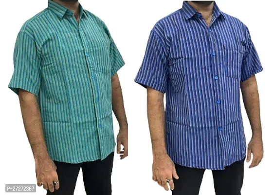 Trendy Multicoloured Cotton Blend Short Sleeves Regular Fit Striped Casual Shirt For Men Pack Of 2