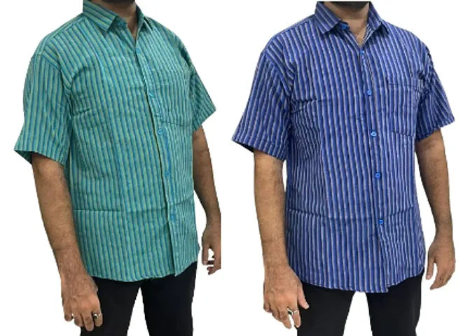 Trendy Multicoloured Cotton Blend Short Sleeves Regular Fit Striped Casual Shirt For Men Pack Of 2