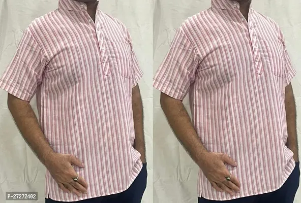 Trendy Pink Cotton Blend Short Sleeves Regular Fit Striped Casual Shirt For Men Pack Of 2