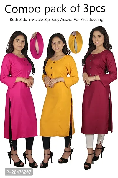 A-Line Pink Solid Rayon Kurta Pack of 3-thumb0