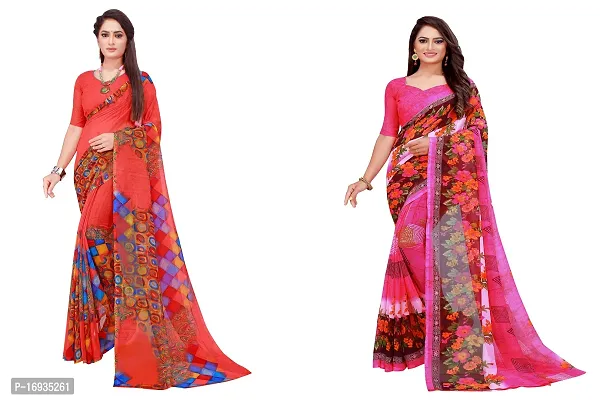 Stylish Georgette Multicoloured Saree with Blouse piece For Women Pack of 2-thumb0