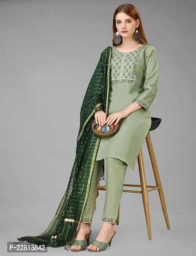 Elegant Cotton Green Embroidered Straight 3/4 Sleeve Kurta With Pant And Dupatta Set For Women