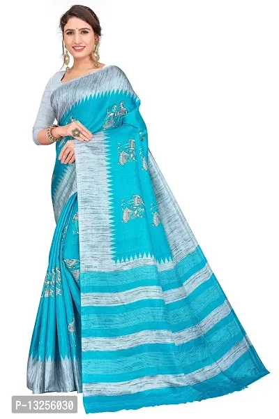 Stylish Khadi Silk Blue Printed Saree with Blouse piece For Women-thumb0