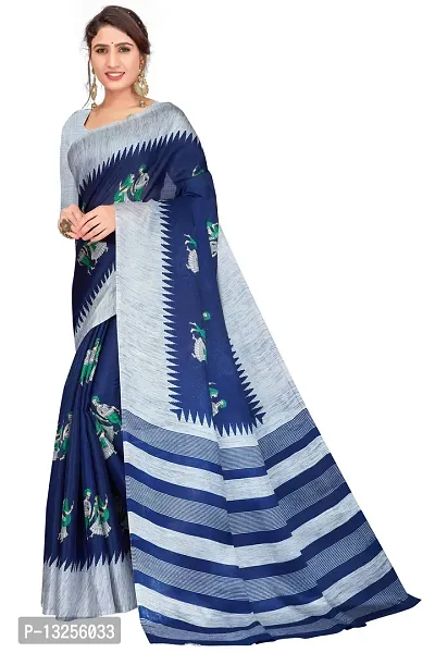 Stylish Khadi Silk Blue Printed Saree with Blouse piece For Women
