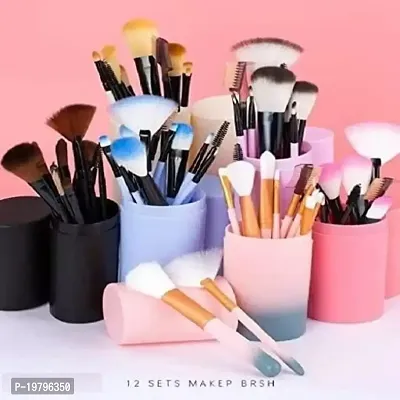 Makeup Brush Set with storage barrel box | Eyeshadow Blending cosmetics Brush Kit|12 pc Makeup brush set| (Cream)-thumb4